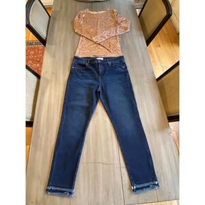 LOFT Modern Skinny Jeans Dark Wash Distressed Frayed Hem Size 14 32